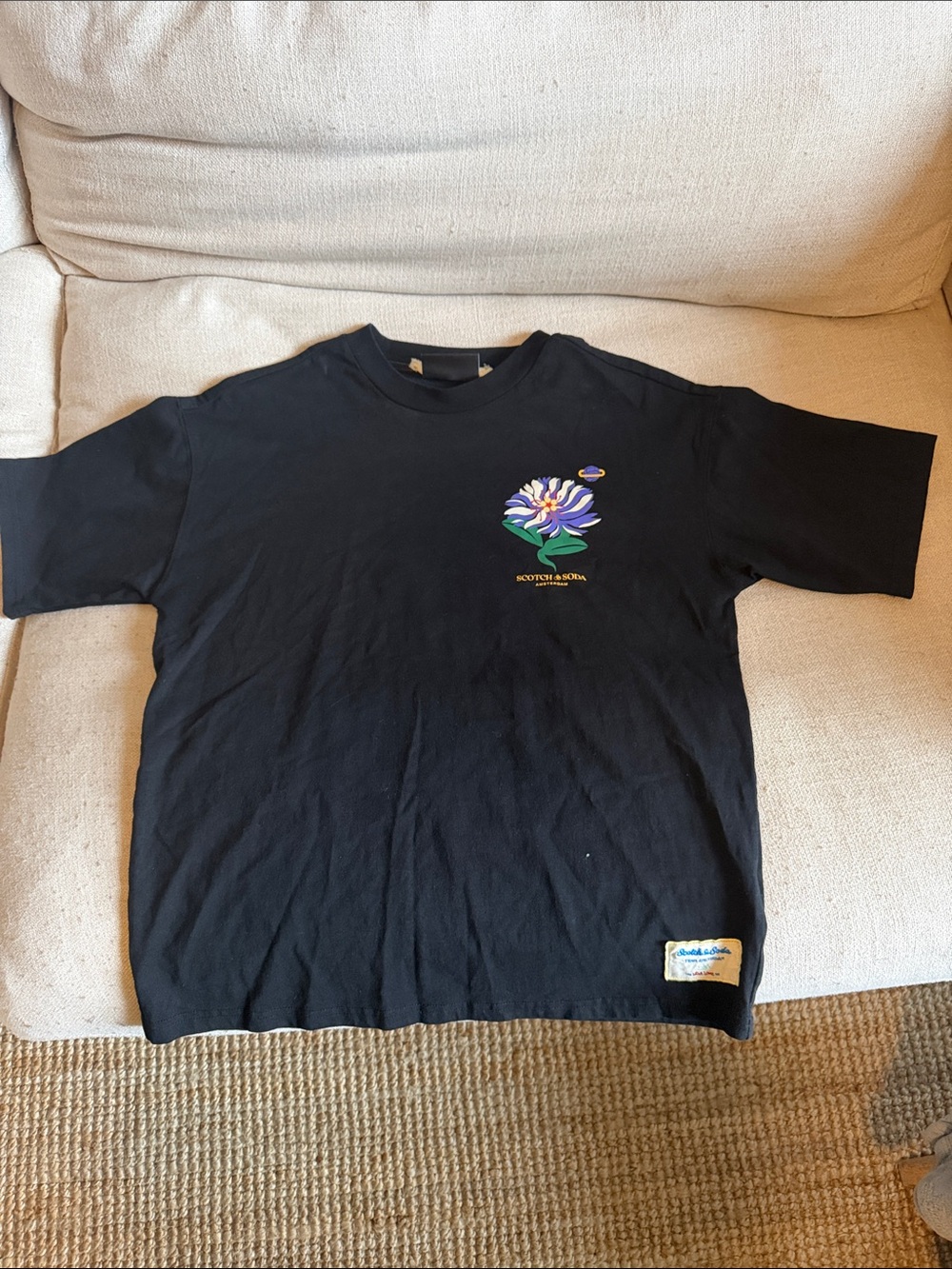 Scotch & Soda Black Tee with Purple, Green & Yellow Floral Graphic